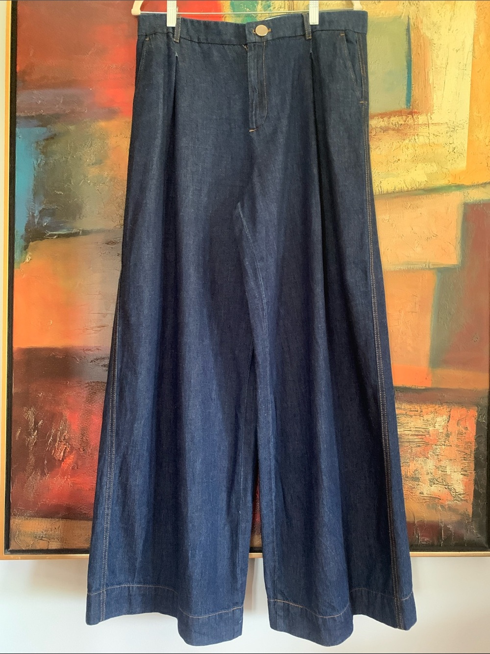 Zara High-Rise Pleated Wide-Leg Denim Pants, Size 10 (runs large)